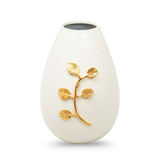 Handcrafted glossy Ivory hammered flower vase with gold leaf