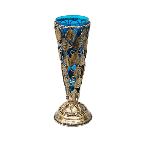 Antique gold metal flower vase with blue Glass inner