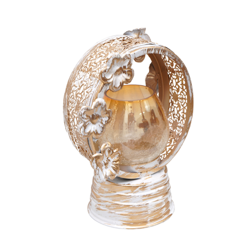 Unique craftmanship carved antique white gold finish candle stand with Glass Tlite holder