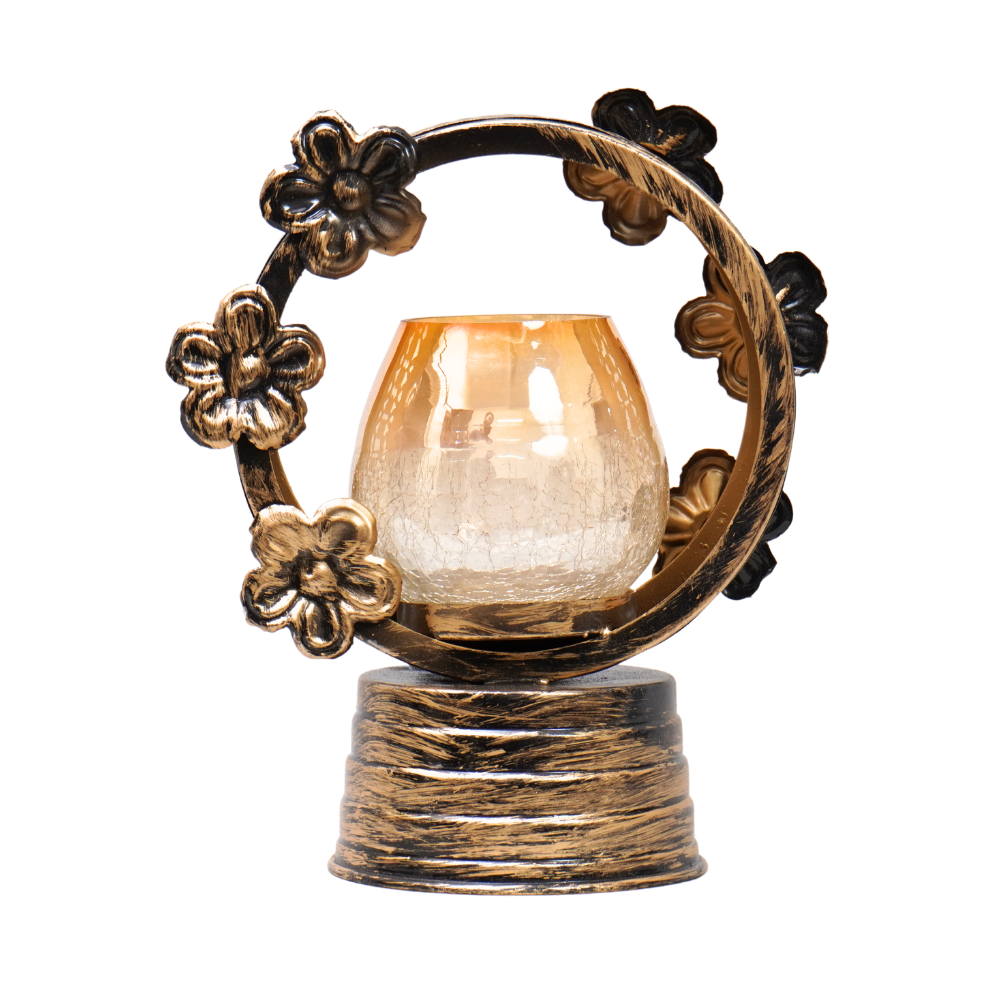 Unique craftmanship carved antique gold finish candle stand with Glass Tlite holder