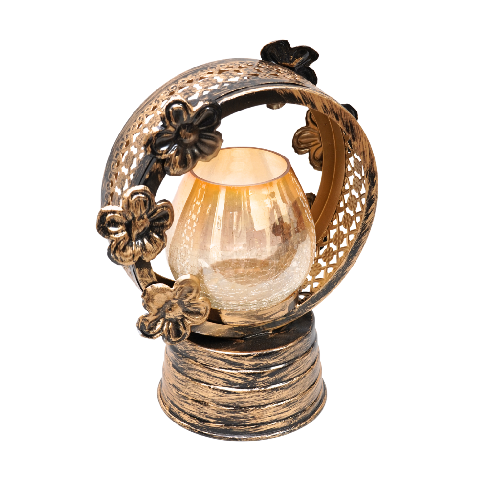 Unique craftmanship carved antique gold finish candle stand with Glass Tlite holder