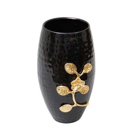 Handcrafted glossy black  hammered flower vase with gold leaf