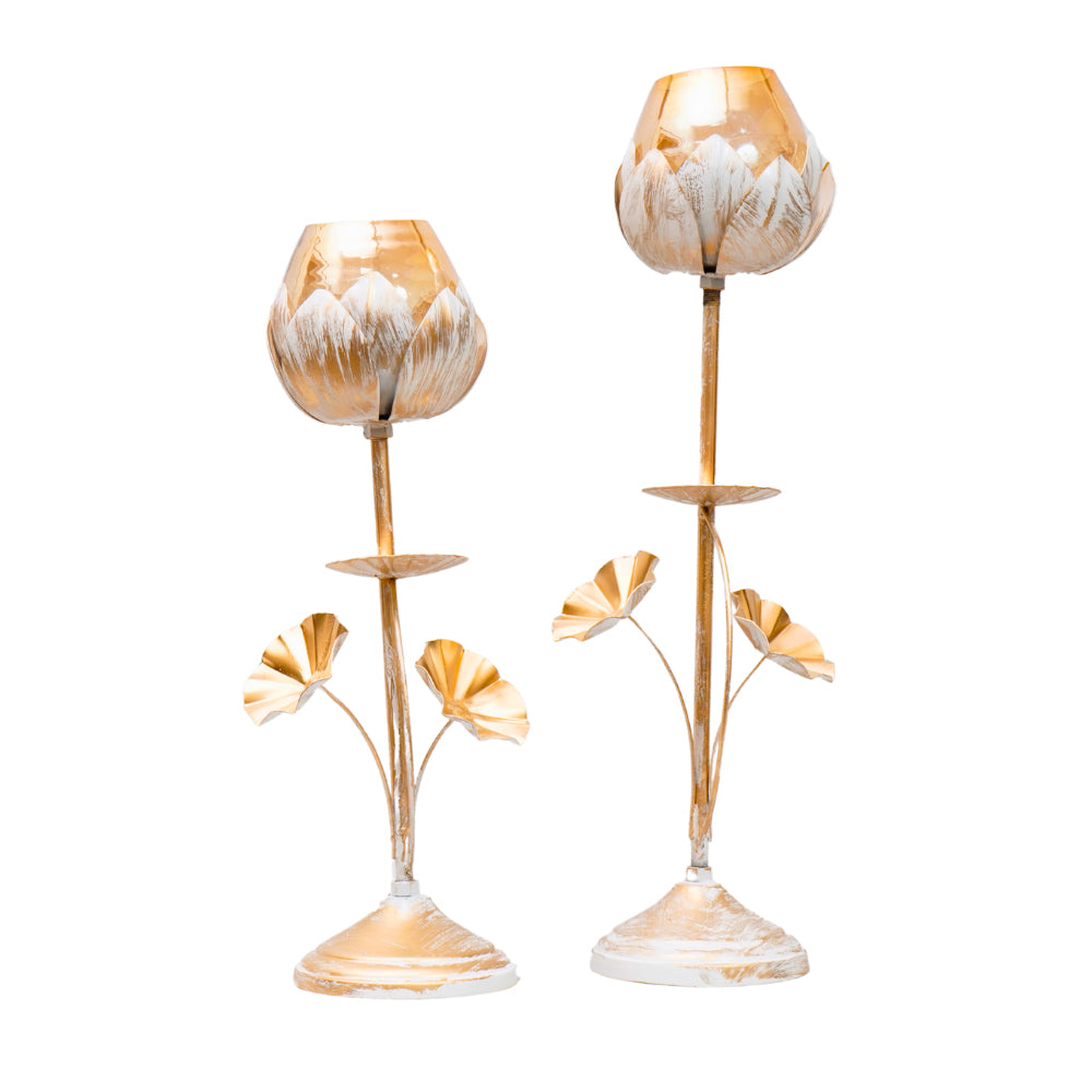 Elegant white gold finish candle pillar holder stand