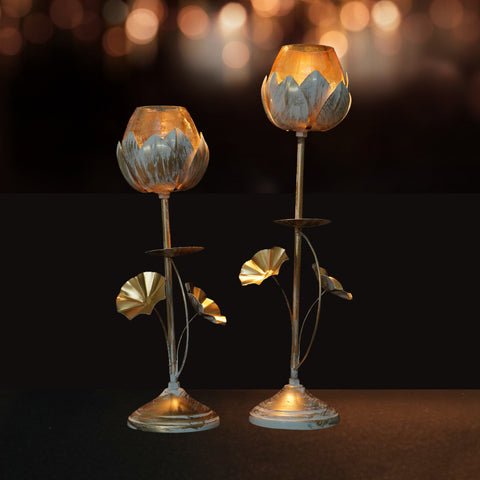 Elegant white gold finish candle pillar holder stand