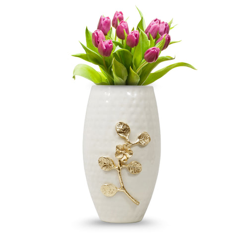 Handcrafted glossy Ivory  hammered flower vase with gold leaf