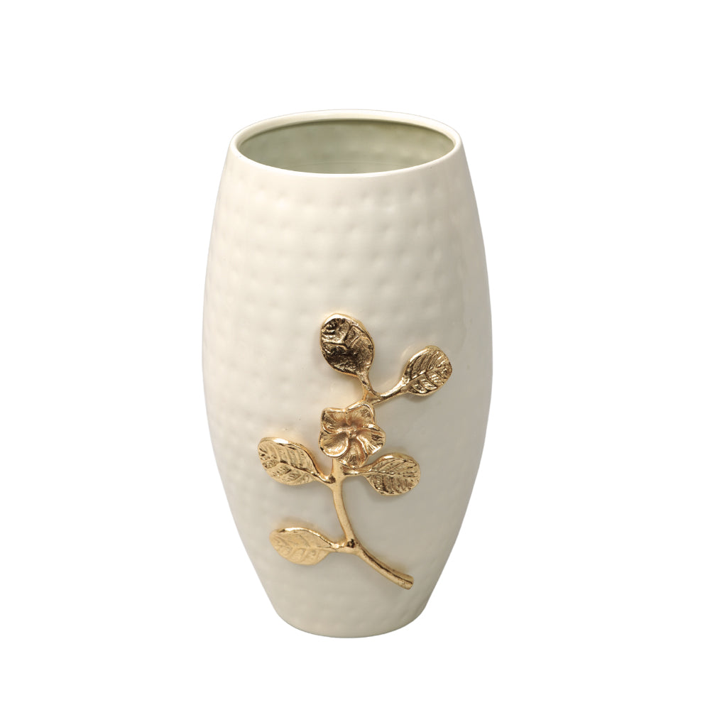 Handcrafted glossy Ivory  hammered flower vase with gold leaf