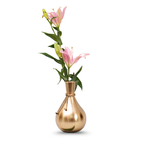 Smooth brass finish light weight flower vase with metal dori around the neck.