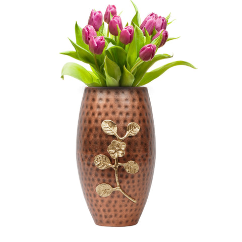 Handcrafted glossy copper  hammered flower vase with gold leaf