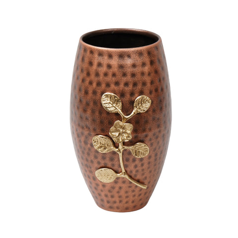 Handcrafted glossy copper  hammered flower vase with gold leaf