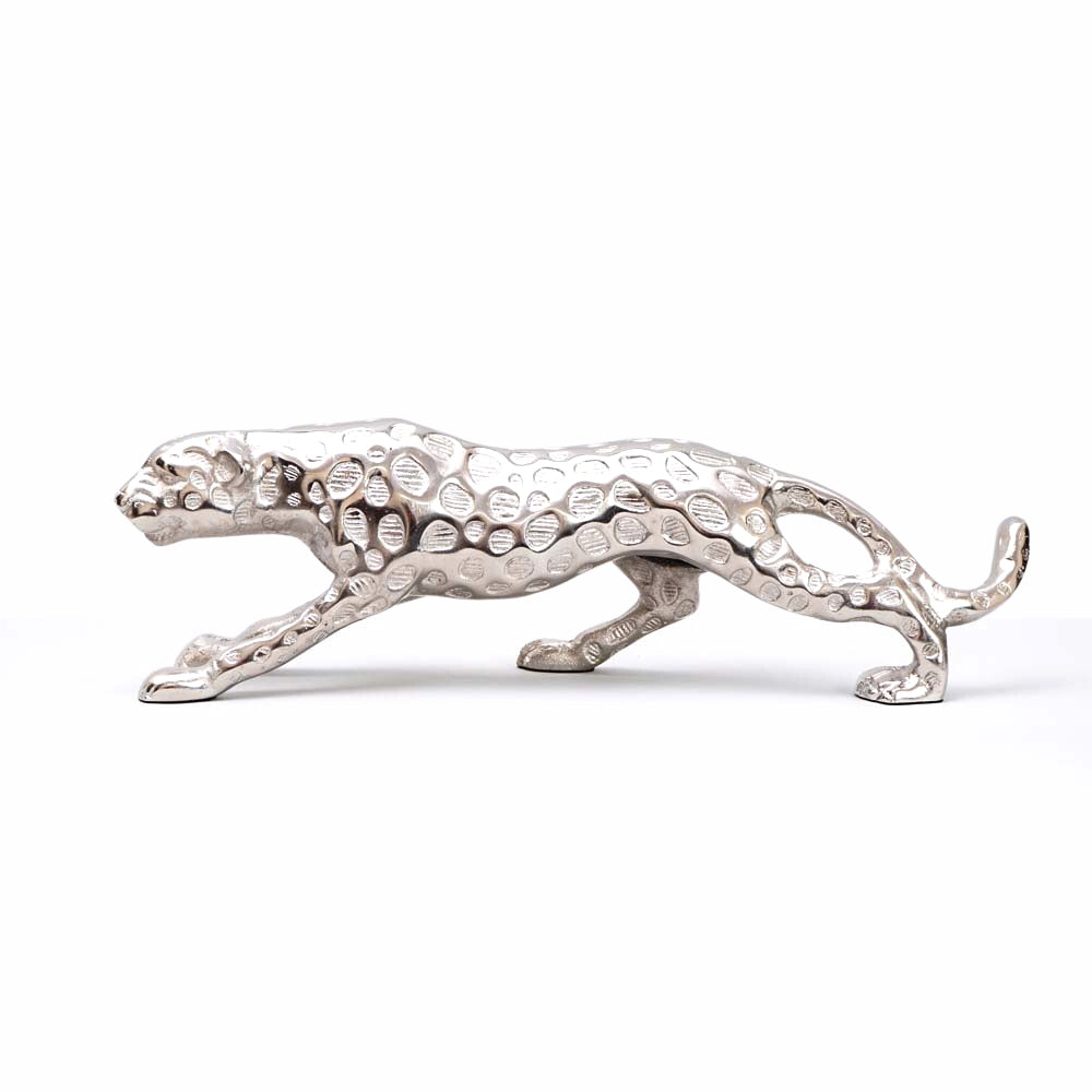 Handcrafted walking leopard in hammered silver finish