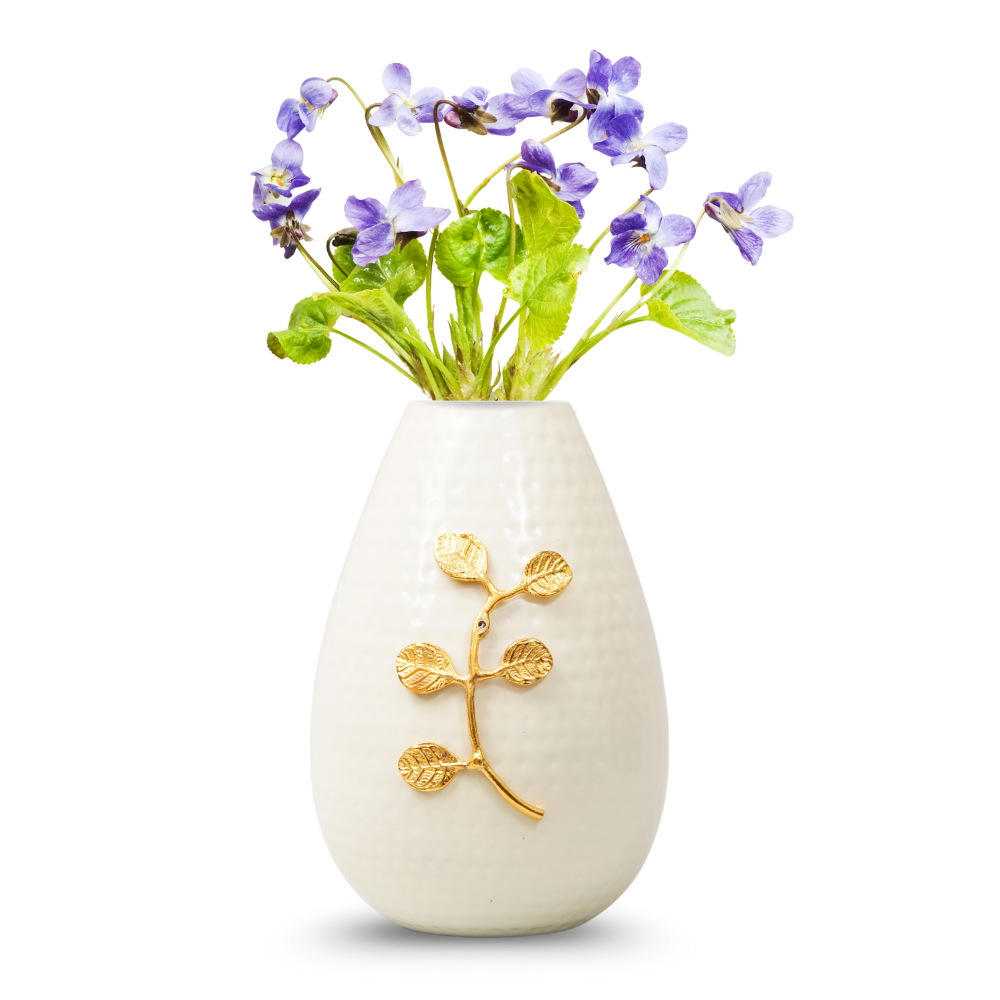 Handcrafted glossy Ivory  hammered flower vase with gold leaf