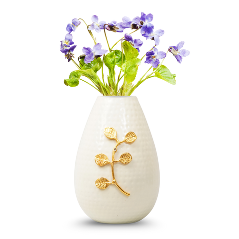 Handcrafted glossy Ivory  hammered flower vase with gold leaf