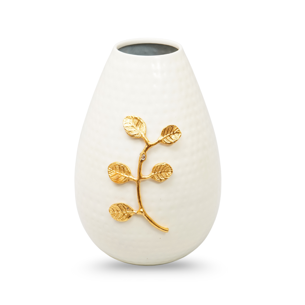 Handcrafted glossy Ivory  hammered flower vase with gold leaf