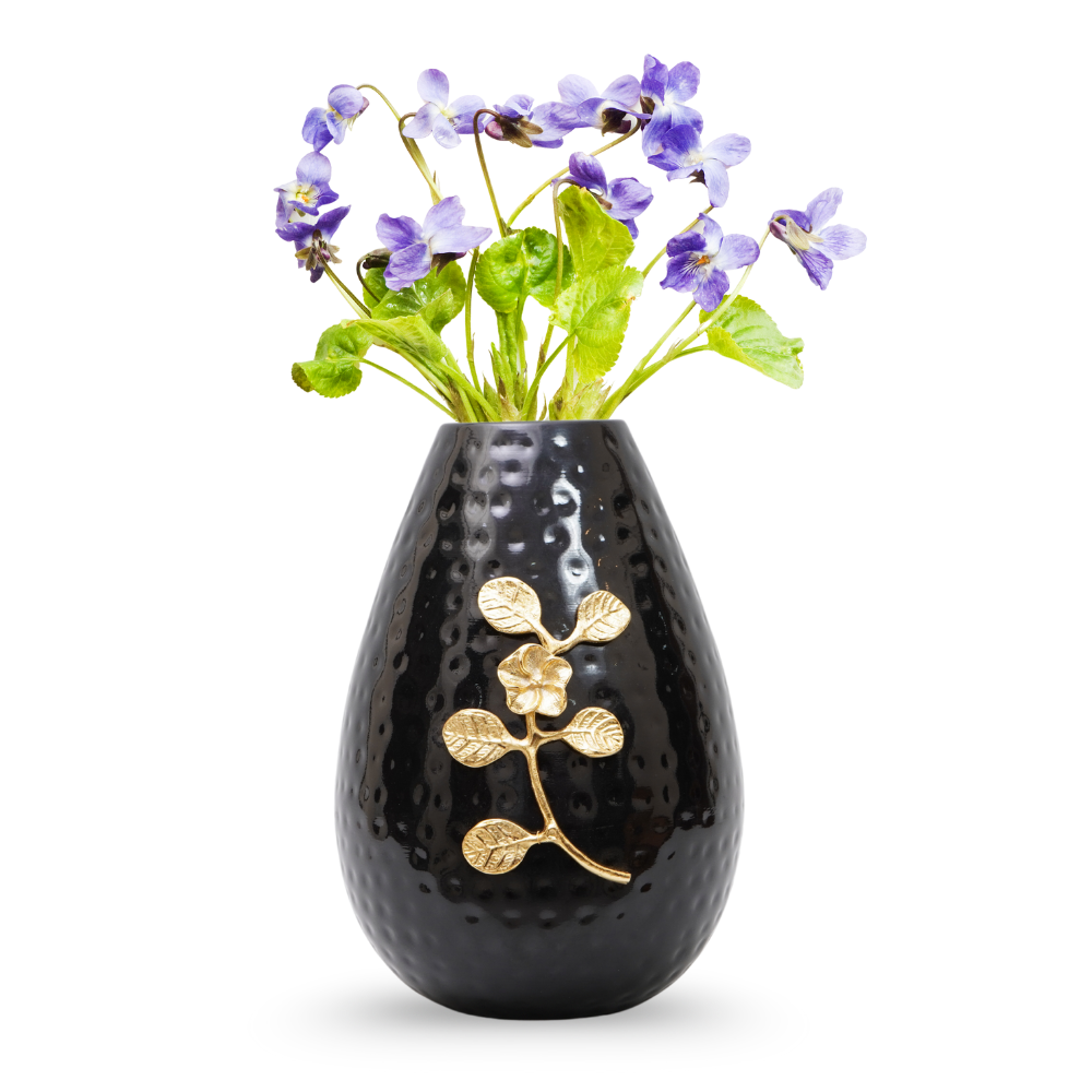 Handcrafted glossy black  hammered flower vase with gold leaf