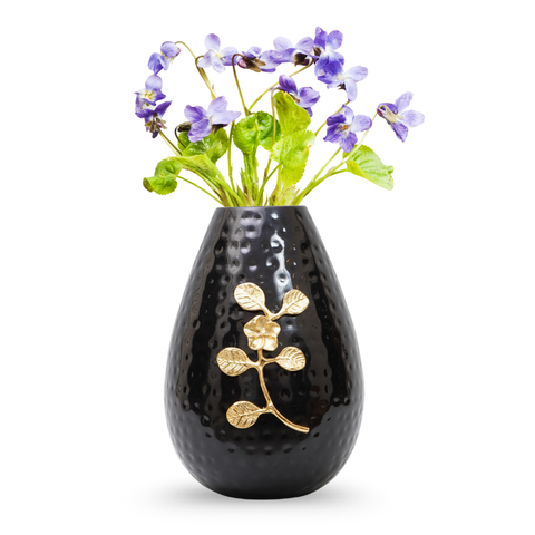 Handcrafted glossy black  hammered flower vase with gold leaf