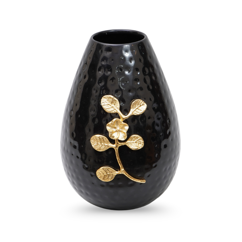 Handcrafted glossy black  hammered flower vase with gold leaf