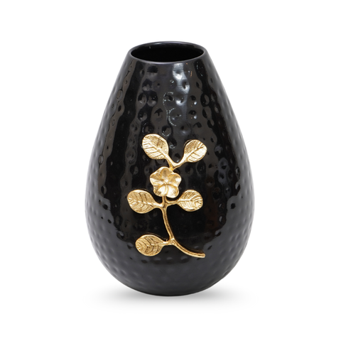 Handcrafted glossy black  hammered flower vase with gold leaf