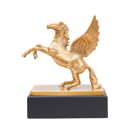 silver finish flying horse with a sturdy wooden base