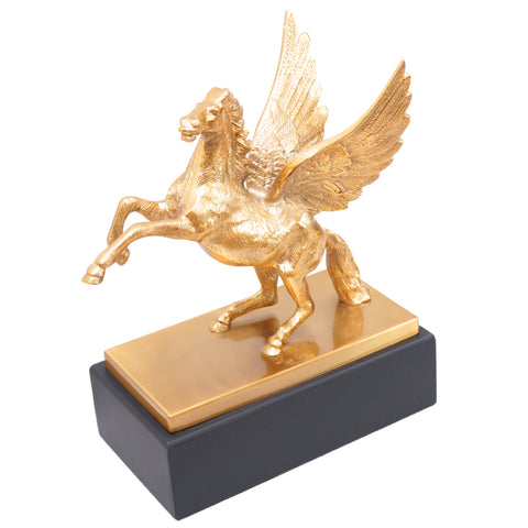 silver finish flying horse with a sturdy wooden base