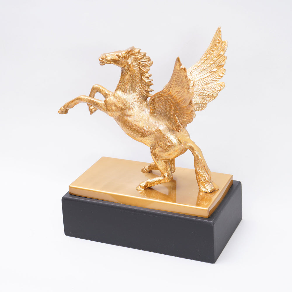 silver finish flying horse with a sturdy wooden base