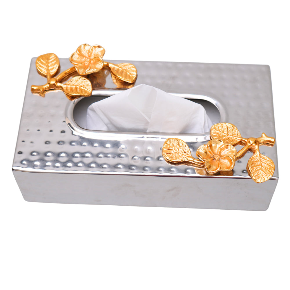 Metal silver tissue box with hammered look