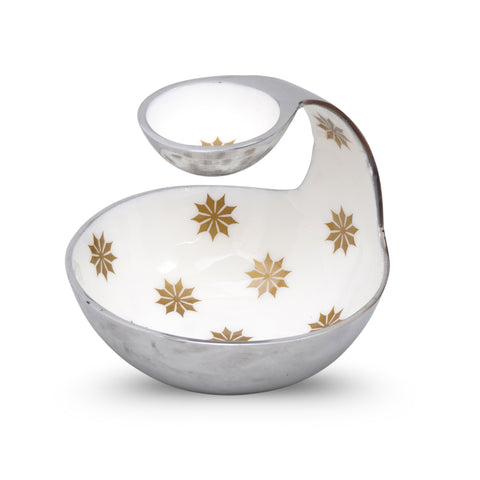 Exquisite hand painted ivory Chip n Dip platter with silver finsih.