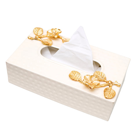 Metal ivory tissue box with hammered look and leaf embelishment on top