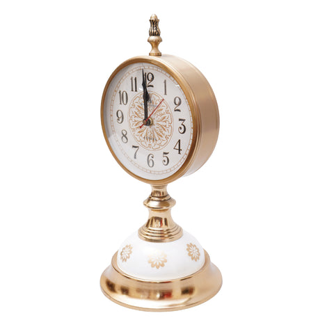 Unique exclusive design of brass gold color clock with white marble finish stand