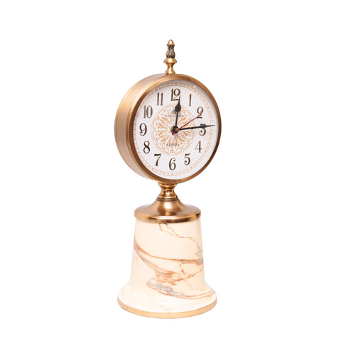 White marble clock in gold finish with sturdy base