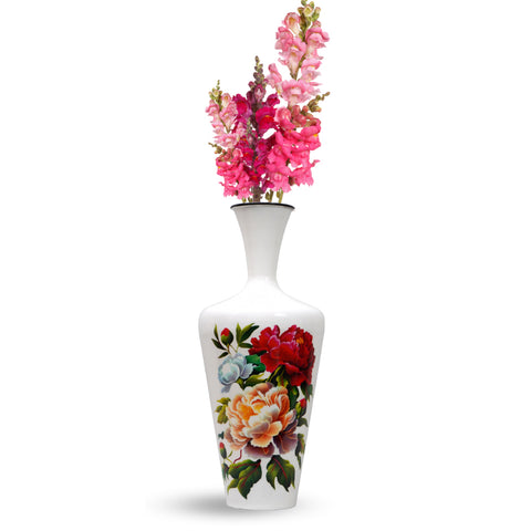 White vase with lacquer finish and hand painted multi color flowers