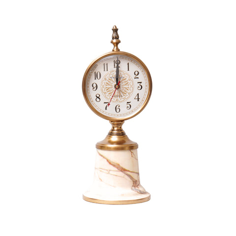 White marble clock in gold finish with sturdy base