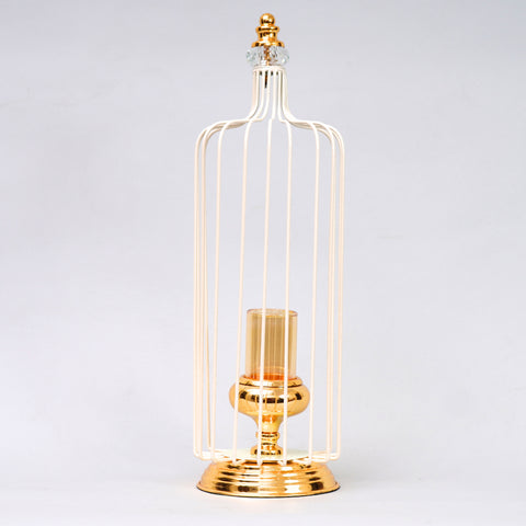 White cage votive T Lite holder with sturdy golden base