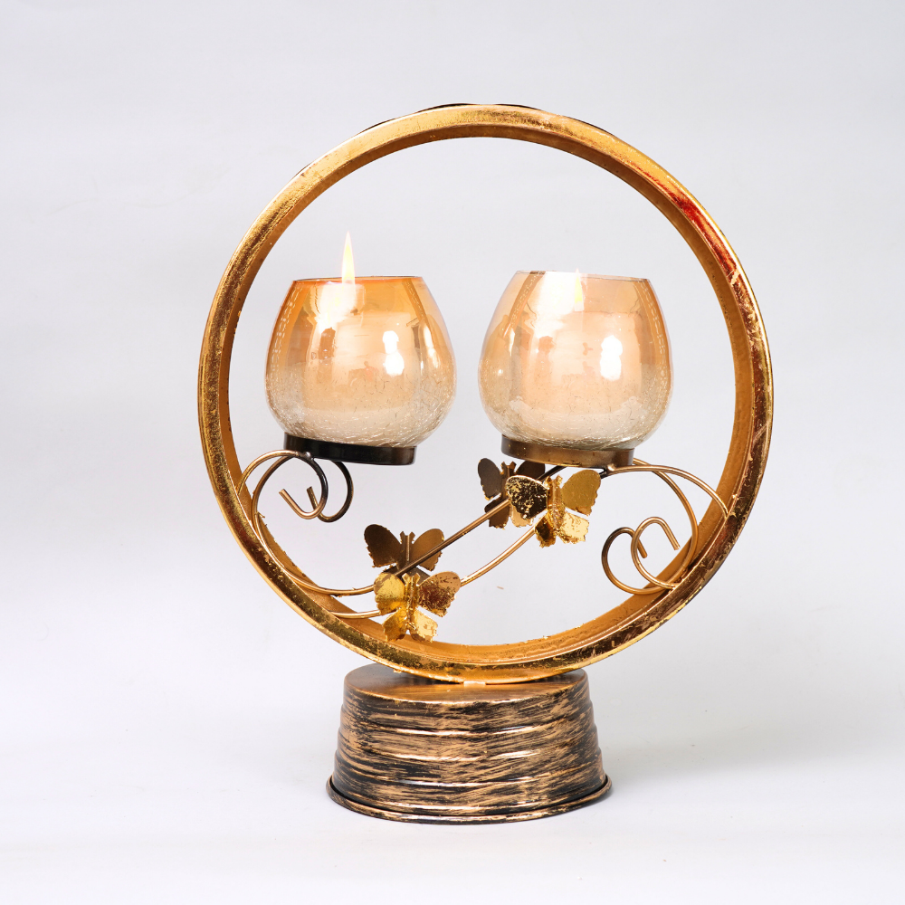 Unique craftmanship carved  gold finish candle stand with 2 Glass Tlite holder