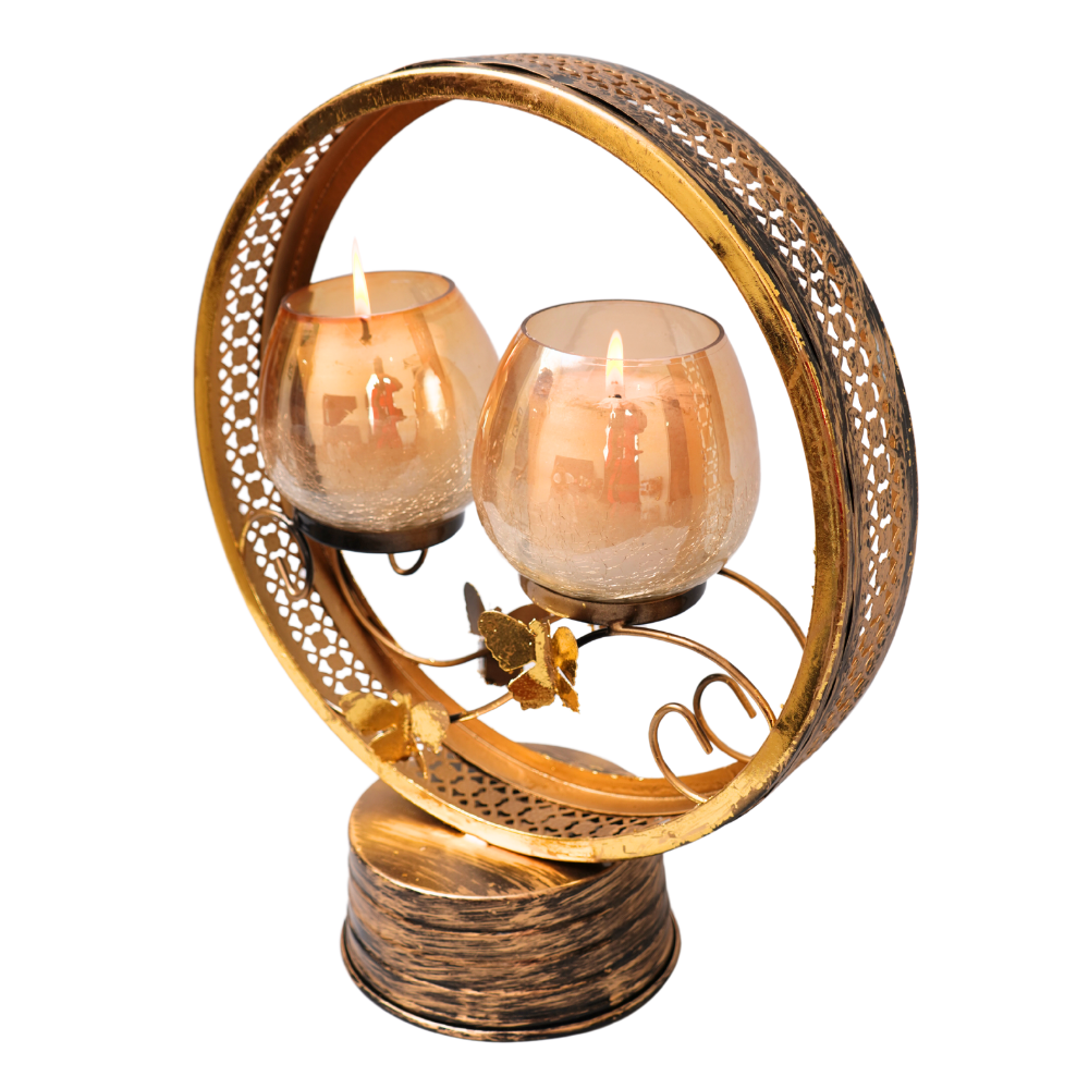 Unique craftmanship carved  gold finish candle stand with 2 Glass Tlite holder