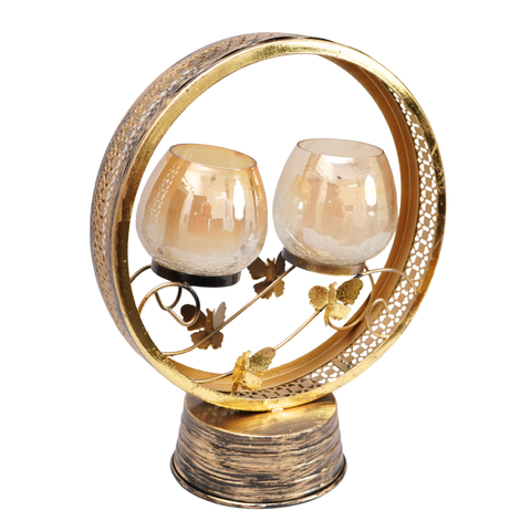 Unique craftmanship carved  gold finish candle stand with 2 Glass Tlite holder
