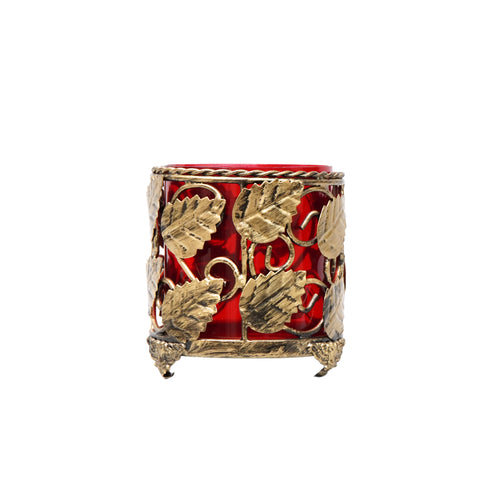 Antique Gold Metal leaf T lite holder with crakle coloured glass