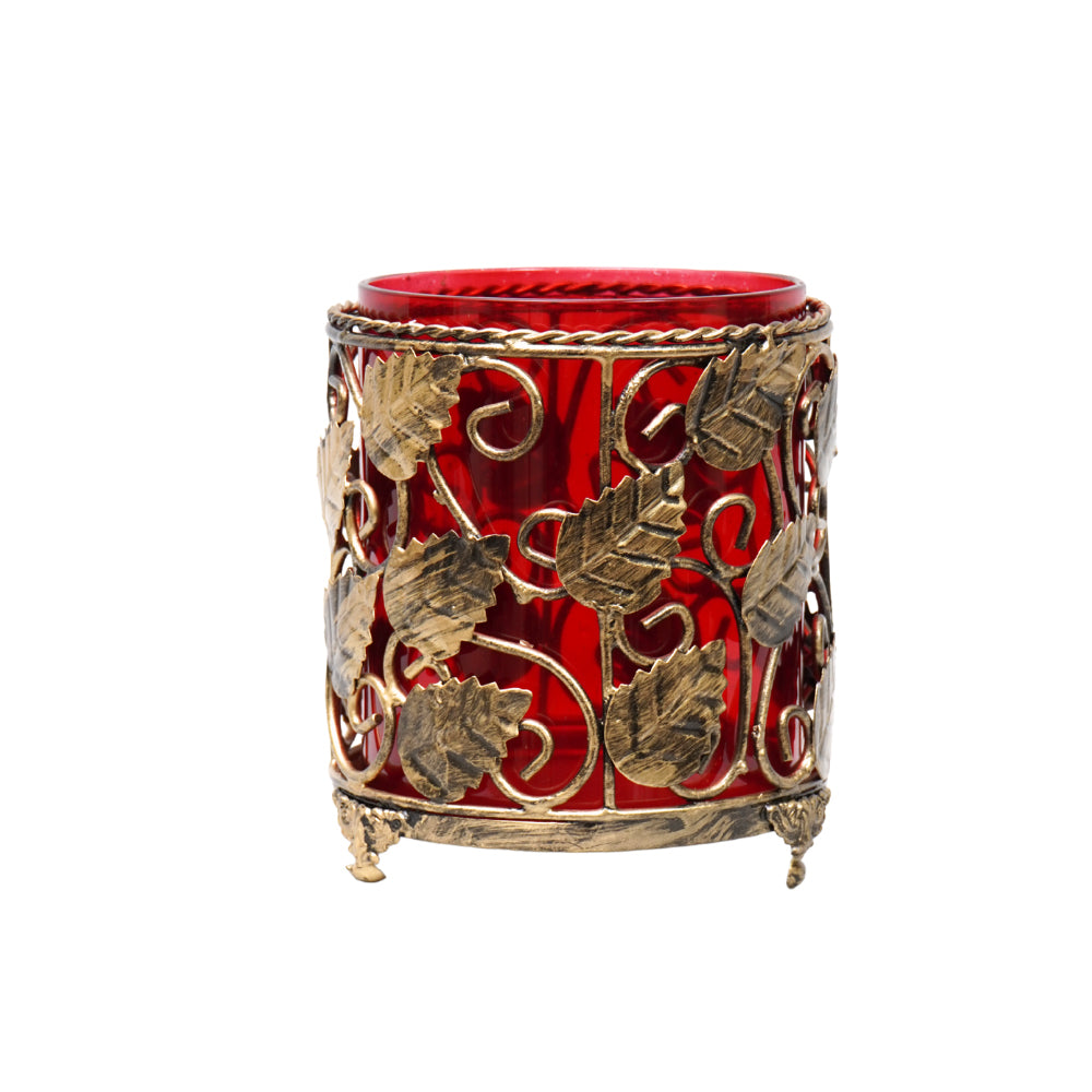 Antique Gold Metal T lite holder with crakle coloured  glass