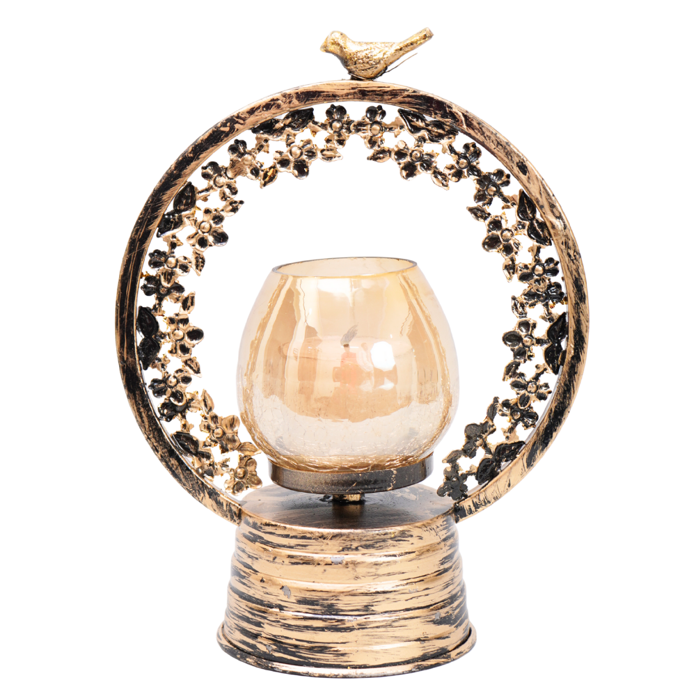 Unique craftmanship carved antique gold finish candle stand with Glass Tlite holder