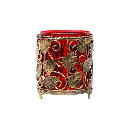 Antique Gold Metal T lite holder with crakle coloured  glass