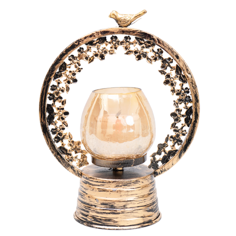Unique craftmanship carved antique gold finish candle stand with Glass Tlite holder