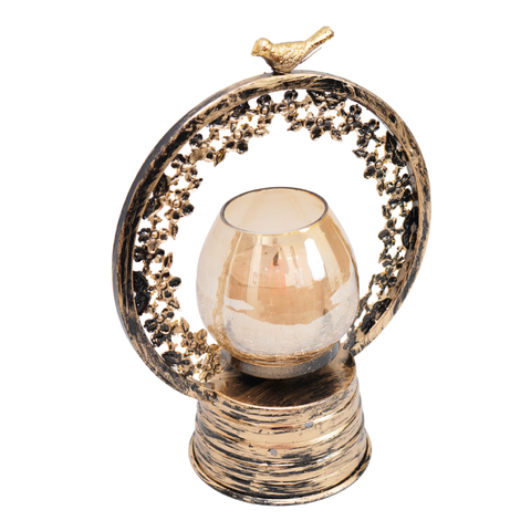 Unique craftmanship carved antique gold finish candle stand with Glass Tlite holder